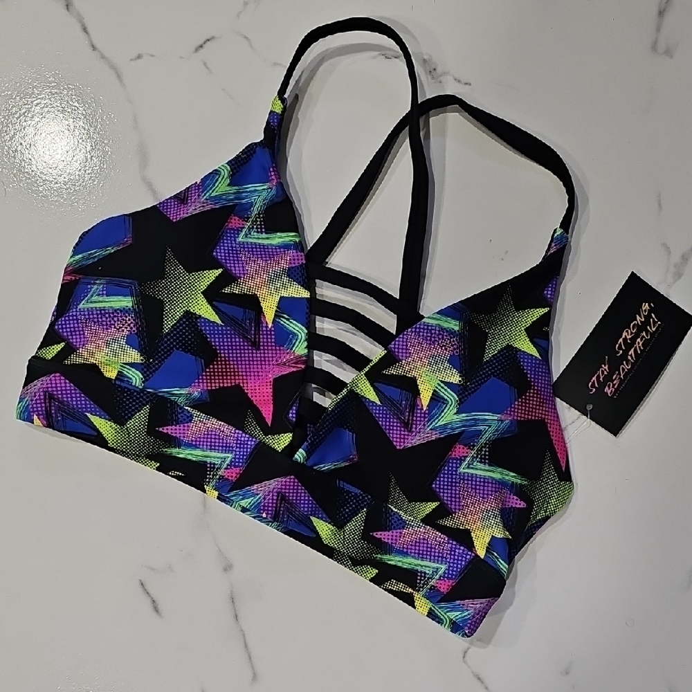 NWT Peachy Athletic Star Pattern Sports Bra | Multicolor | S